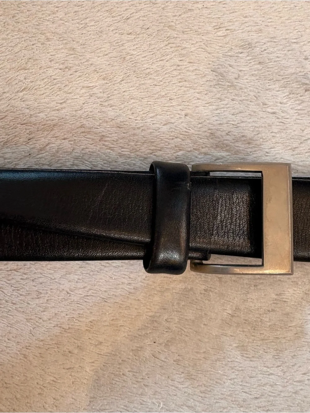 Men's Slim Black French Leather Belt Rectangular Silver Buckle Sz 44